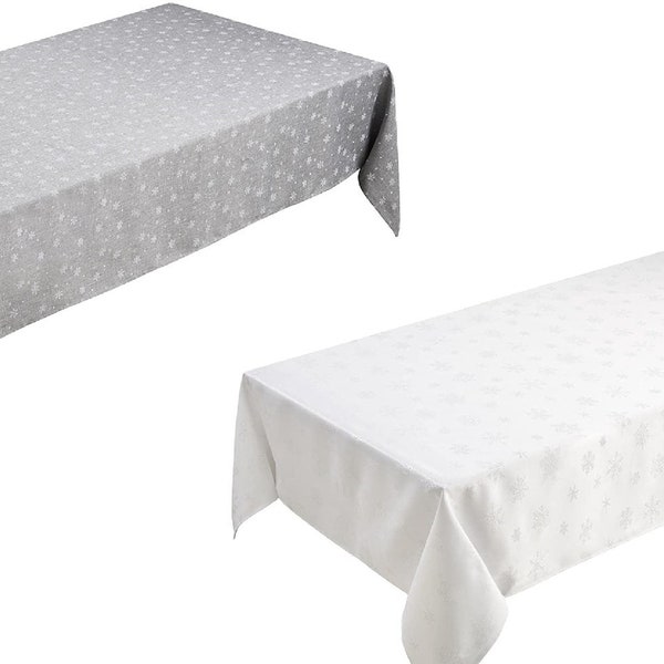 Nappes de Noël ou Runners avec Silver lurex Flocons de Neige et Étoiles et passant à travers le tissu, lavable 100% Polyester Blanc ou Gris