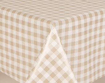 PVC Bistro Beige and White Gingham Check Design,  Wipe Clean, Vinyl / Plastic Table Cloth Oilcloth