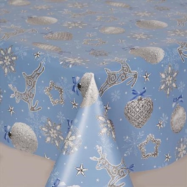 PVC Christmas Tablecloth Blue Sparkle  With Silver Reindeers, Stars, Baubles, Stars Wipe Clean, Vinyl / Plastic Table Cloth ,Water Resistant