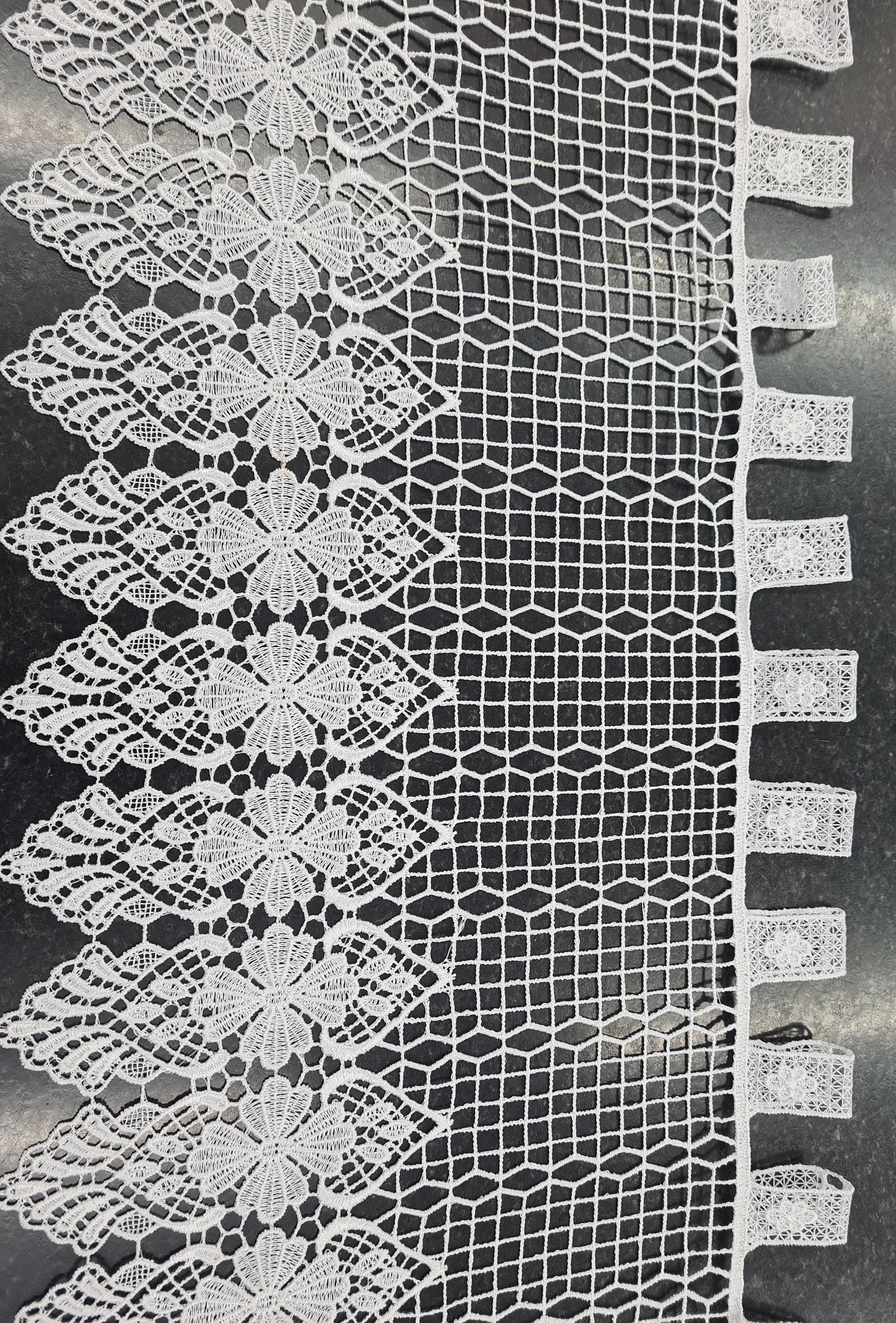 White Macrame Cafe Net Curtain/Lace Curtain Design with detailed tab top in 3 drops Sold by the metre,  quantity = number of metres in width