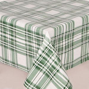 May include: Green and white checked tablecloth. The tablecloth has a woven texture and a checkered pattern.