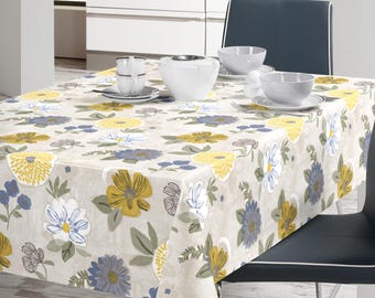 PVC-tafelkleed groot modern bloemen geel en blauw afwasbaar, vinyl / plastic tafelkleed