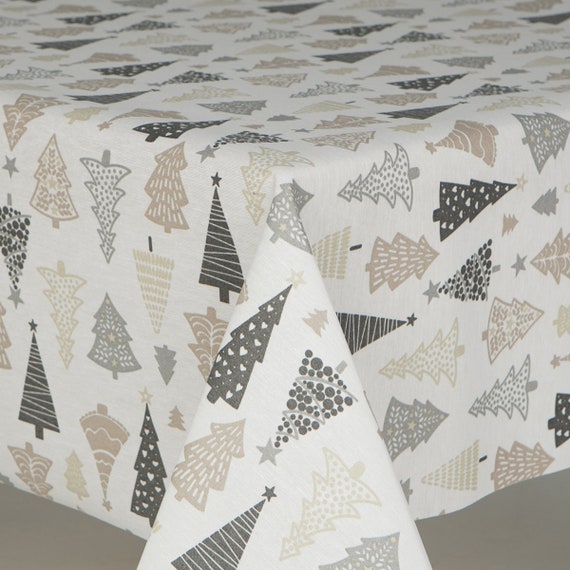 Weihnachtliche Wachsdecke Tischdecke Grau, Beige und weiße Bäume, mit Sternen, Polkadots, abwischbar, Baumwolle mit Acrylbeschichtung, wasserfest
