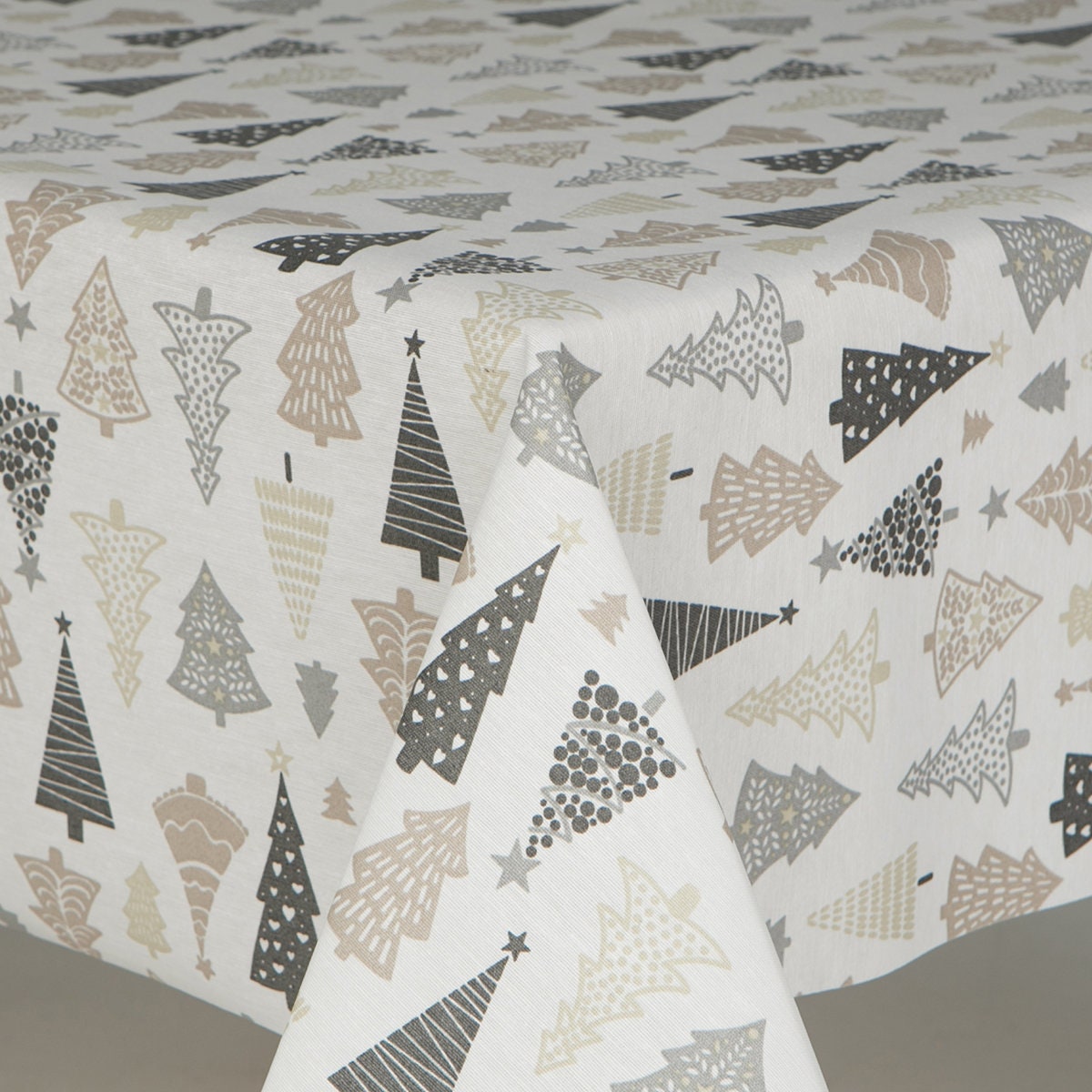 Weihnachtliche Wachsdecke Tischdecke Grau, Beige und weiße Bäume, mit Sternen, Polkadots, abwischbar, Baumwolle mit Acrylbeschichtung, wasserfest