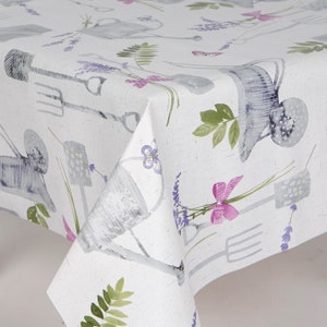 PVC Tablecloth Garden Tools, Wheelbarrows and Butterflies on Greyish White Vinyl / Plastic Table Cloth in Round, Square, Oval or Rectangle