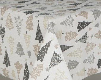 Christmas Oilcloth Tablecloth Grey, Beige and white Trees, with Stars, Polkadots , Wipe Clean, Cotton with Acrylic coating , Water Resistant