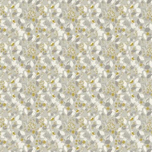 May include: A repeating pattern featuring a light gray background with a delicate floral and foliage design. The pattern includes white and gray leaves, small yellow flowers, and tiny yellow birds, creating a natural, whimsical aesthetic.