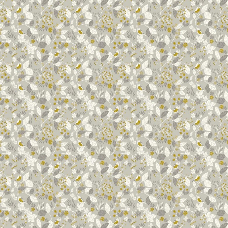 May include: A repeating pattern featuring a light gray background with a delicate floral and foliage design. The pattern includes white and gray leaves, small yellow flowers, and tiny yellow birds, creating a natural, whimsical aesthetic.