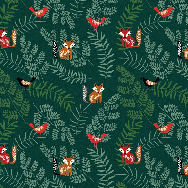 Fern Forest Green with Birds and Foxes Oilcloth Tablecloth Wipe Clean Cotton Cloth With PVC Coating