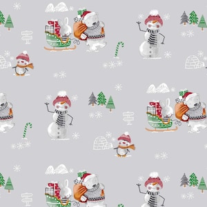 PVC kersttafelkleed zilveren grond met sneeuwpop, teddyberen, slee, cadeautjes schoonvegen, vinyl / plastic tafelkleed, waterbestendig