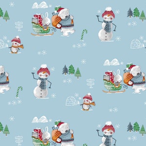 PVC kersttafelkleed blauwe grond met sneeuwpop, teddyberen, slee, cadeautjes schoonvegen, vinyl / plastic tafelkleed, waterbestendig