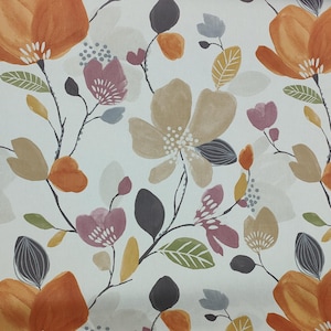 Wachstuch Tischdecke Große Mohnblüten in Dunkelorange, Altrosa, Grau auf Cremegrund, abwischbar, Baumwolltuch mit PVC-Beschichtung,