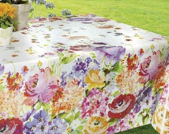 Nappe PVC Bordure Rose Florale, Wipe Clean, Nappe Vinyle / Plastique Roses et fleurs en roses, verts et orange sur fond blanc