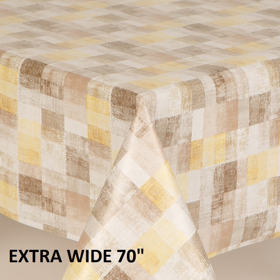 Extra Wide Width Pvc Tablecloth , Oblong Check in Ochre, Mustard, Grey Checks,  Wipe clean in Round, Square, Rectangle or Oval
