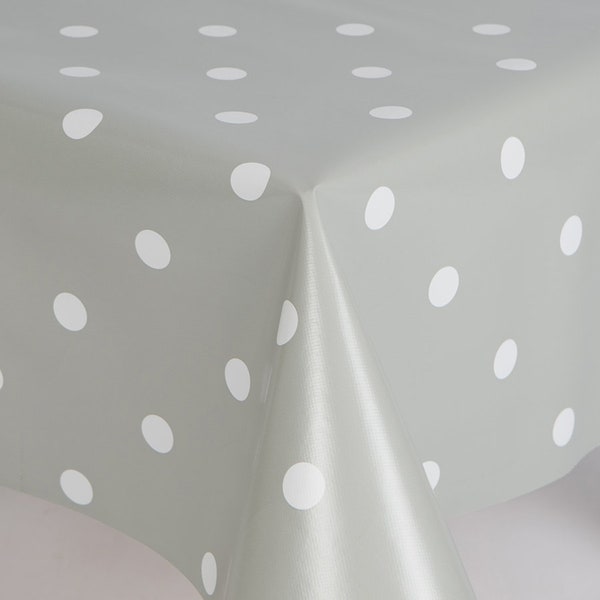 PVC Light Grey Polkadot Design, Light Grey Ground with White Polkadots Wipe Clean, Vinyl / Plastic Table Cloth Oilcloth