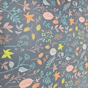 May include: A seamless fabric pattern featuring a repeating design of leaves, branches, and acorns in shades of pink, yellow, and blue on a dark gray background.