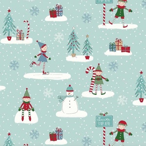 Christmas Tablecloth with  Elves, Snowmen, Snowflakes, Trees, Presents on duck Egg Ground  Oilcloth Cotton Cloth With PVC Coating Wipeclean,