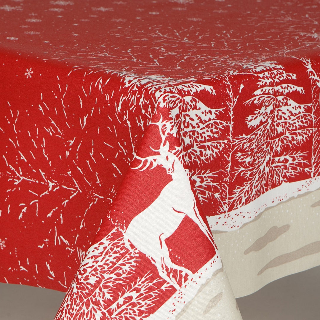 Christmas Oilcloth Snowy Tablecloth Red Ground With Reindeers Etsy UK