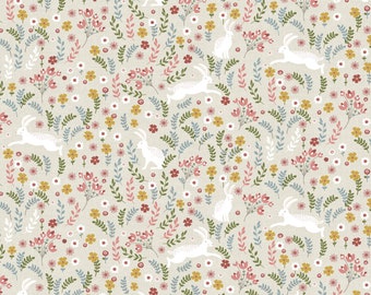 Bunny Multi in a Field of Flowers Jumping, sitting and Hopping Rabbits Oilcloth Tablecloth Wipe Clean Cotton Cloth With PVC Coating