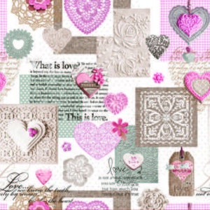 May include: A repeating pattern featuring various heart designs in shades of pink, gray, and white. The design includes textured hearts, floral accents, and the phrases "What is love?" and "This is love."