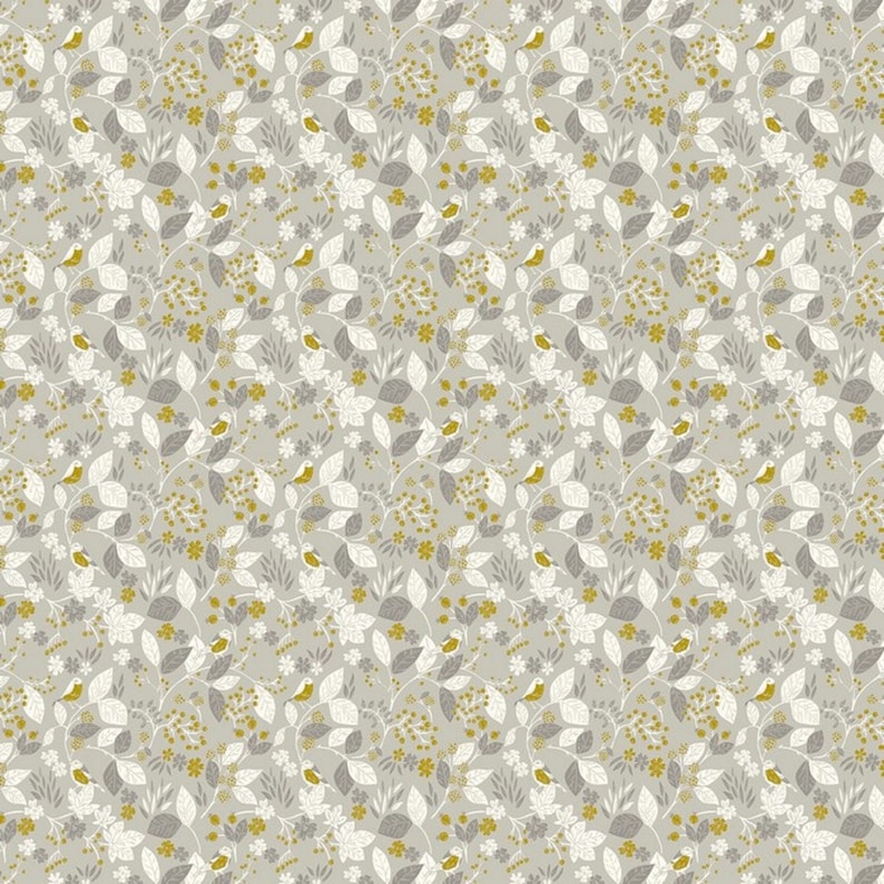 May include: A repeating pattern featuring a light gray background with a botanical design. The design includes white and gray leaves, small yellow flowers, and small yellow birds. The overall pattern is dense and detailed, creating a textured appearance.