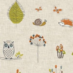 Wachstuch Tischdecke Waldtiere , Fuchs, Pilze, Eulen, Schmetterlinge, Schnecken, Blätter, Baumwolltuch mit matter PVC Beschichtung, Wipeclean,