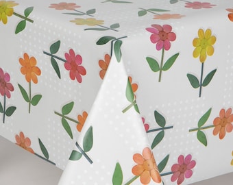 Nappe PVC Fleur Simple, Fond Blanc avec Fleurs Roses, Ocres et Tan, Nappe Vinyle / Plastique en Ronde, Carrée, Ovale ou Rectangle