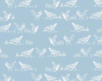 Nappe en PVC bleu avec des poules et des poussins blancs, essuyer, nappe en vinyle/plastique ronde, carrée, rectangulaire ou ovale