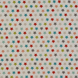Oilcloth Tablecloth Galaxy Spice ,Multicoloured Stars in Teal, Red, duck egg, on a white ground Wipe Clean Cotton Cloth With PVC Coating
