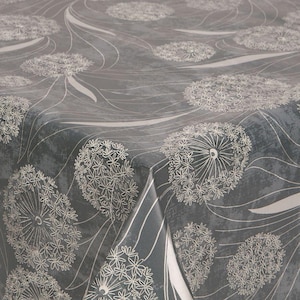 PVC Tablecloth Dandelion Flowers on an Grey Ground with Silver and Taupe Flowers  Wipe Clean, Vinyl / Plastic Table Cloth in Various sizes