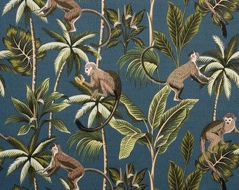 Monkey Teal in Tropical Forest Amazon Oilcloth Tablecloth Wipe Clean Cotton Cloth With PVC Coating matt Finish