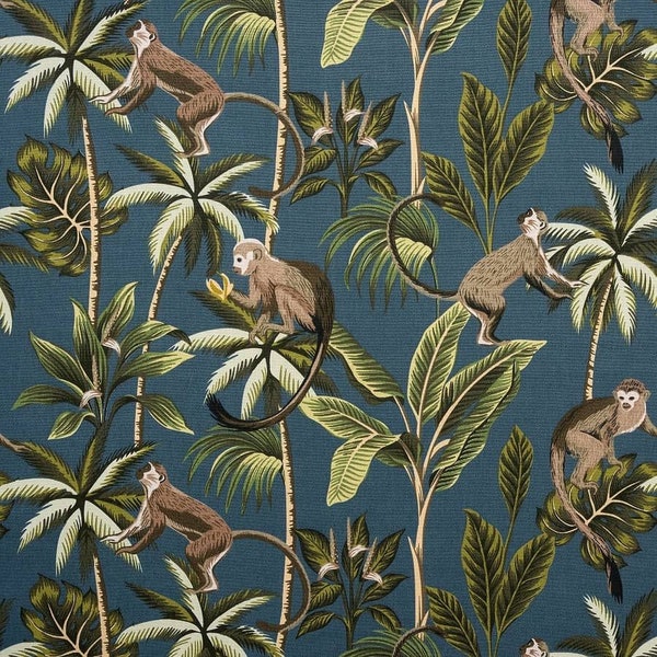 Monkey Teal in Tropical Forest Amazon Oilcloth Tablecloth Wipe Clean Cotton Cloth With PVC Coating matt Finish