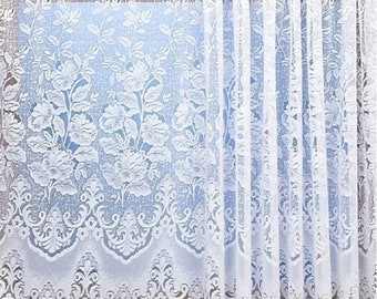 White Net Curtain/Lace Curtain Design 606 Beautiful Floral Pattern With Detail Based Scalloped Border, Sold By The Metre in Width