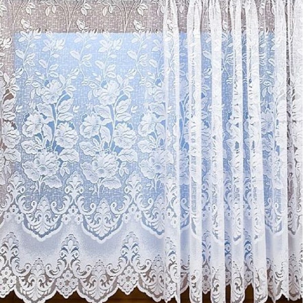 White Net Curtain/Lace Curtain Design 606 Beautiful Floral Pattern With Detail Based Scalloped Border, Sold By The Metre in Width