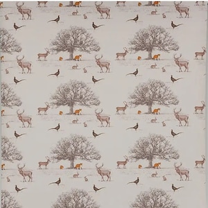 Oilcloth Tablecloth Tatton Autumn Beige ground, Woodland Animals, Foxes, Stags, Pheasants and Rabbits,  WipeClean Cotton with a Matte finish