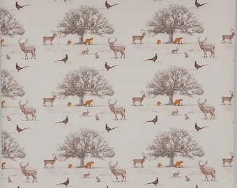 Oilcloth Tablecloth Tatton Autumn Beige ground, Woodland Animals, Foxes, Stags, Pheasants and Rabbits,  WipeClean Cotton with a Matte finish