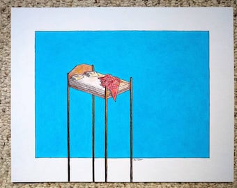 Original Pen and Ink Drawing, Pen and Ink Illustration, Surrealism, Surreal Tall Bed in the Sky, Nursery Art, Wall Art, Decor, Zima Blue