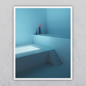 Peut inclure: Une personne se tient sur une plateforme dans une pièce bleue avec une porte et une piscine de lumière. La pièce a un escalier menant à la plateforme.