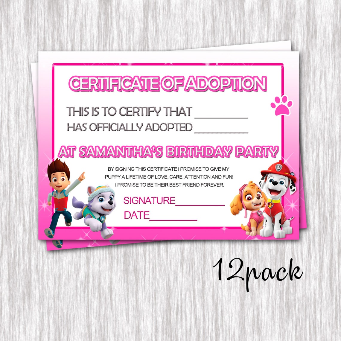 Paw Patrol Adopt a puppy sign and 12 certificates shipped | Etsy