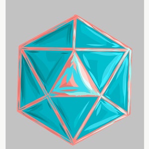 May include: Geometric abstract art print featuring a teal and coral colored 3D shape on a gray background. The artwork has a watercolor-like effect, with visible brushstrokes. The shape is a multi-faceted polygon, possibly a crystal or gem.