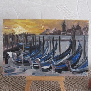 Paisaje veneciano con góndolas, pintura original de paisaje veneciano, pintura de paisaje marino de Italia, imagen pequeña de paisaje marino, arte mural de Venecia