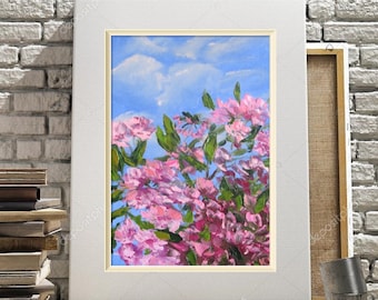 Pintura al óleo original: Flores de cerezo Sakura rosas, arte mural floral texturizado (30 x 20 cm)