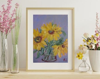 ひまわり油絵、花瓶の静物画、小さな花のアートワーク（6 x 4インチ