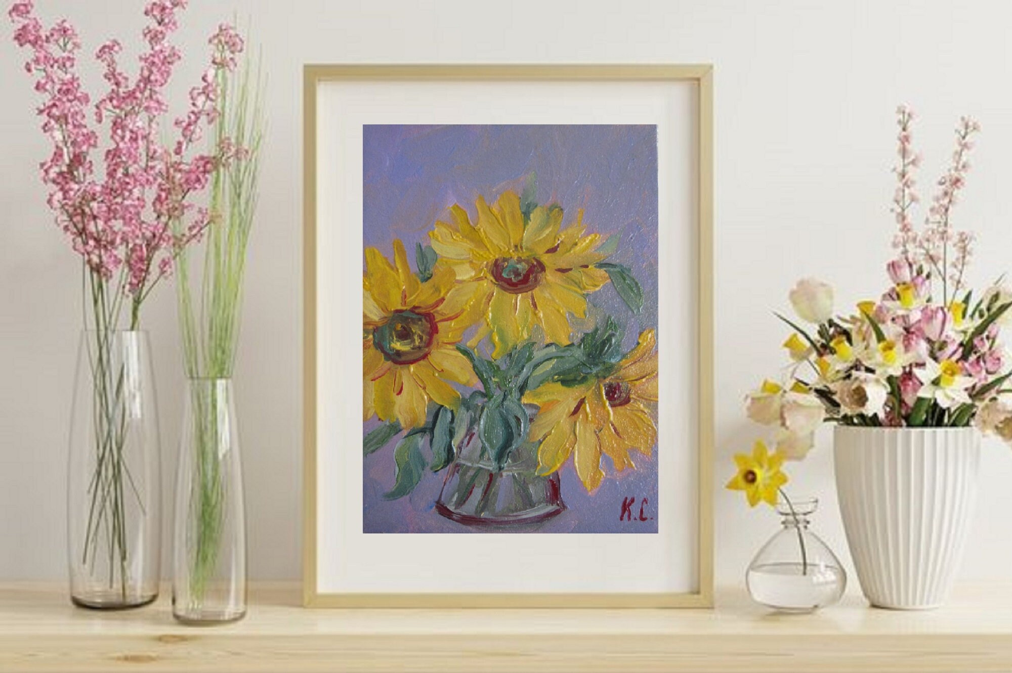 ひまわり油絵、花瓶の静物画、小さな花のアートワーク（6 x 4インチ