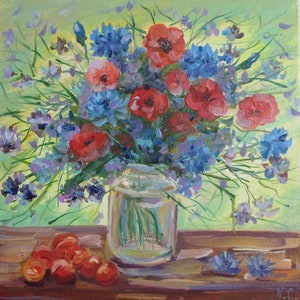 picture meadow flowers original, bouquet of meadow flowers painting, wildflowers oil painting, still life wildflowers, cornflowers in a vase
