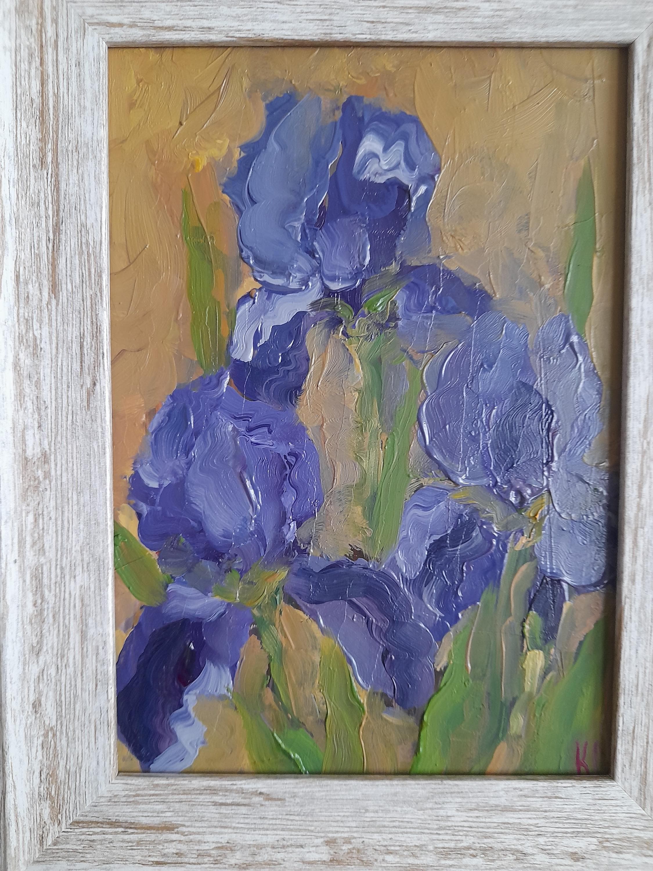 青いアイリスの油絵：額入り花の静物画 - Etsy 日本
