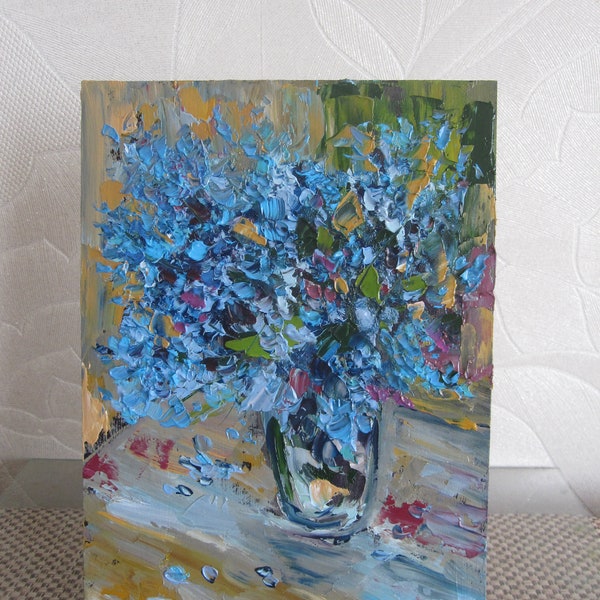 Bouquet of tender forget-me-nots in a vase, forget-me-not oil painting original, Wild Forget me Nots, forget-me-nots wall art, small picture