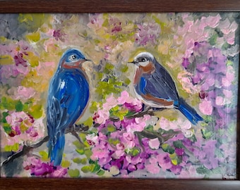 油絵 / 絵画 / 枝に止まる鳥 / 緑 / 楕円形 / 額入り / 木製 / 花