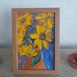 ramo de girasoles pintura original, arte de jarrón azul de girasoles, flor amarilla, bodegón floral, decoración de pared de girasol, decoración del hogar de girasol