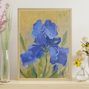 Pintura original de iris azul, pintura al óleo en miniatura, arte mural de iris, pintura de flores pequeñas, arte de iris azul, pintura ucraniana, arte floral